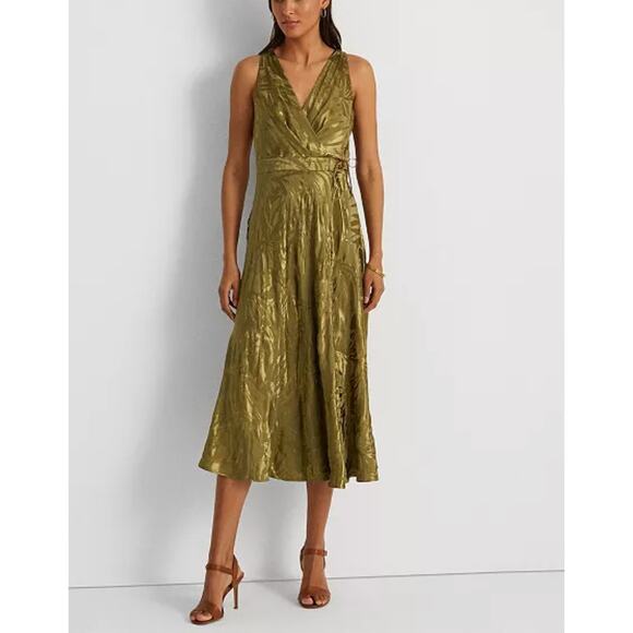 Lauren Ralph Lauren Palm Leaf Jacquard Sleeveless Dress Olive Green Size 16 NWT - Picture 1 of 13